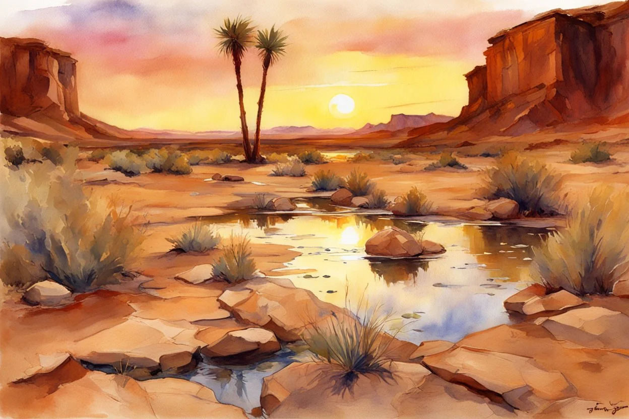 Amazing sunset, rocky arid land, puddle, rocks, mountains, cliffs, sci-fi, weeds, fantasy, john singer sargent watercolor paintings