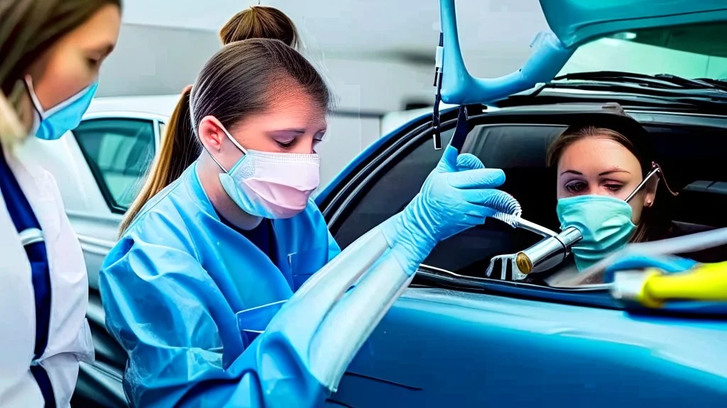 nurse giving a car a covid test in exhaust pipe