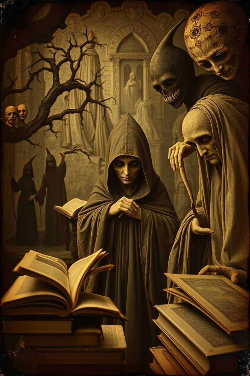 Daguerrotype close up some mysterious figures, odd background, books, odd, Hieronymus Bosch, ambient light, by Minicavio Quollati and Marlost Endgulp, Amano, Botticelli, Alphonse Mucha