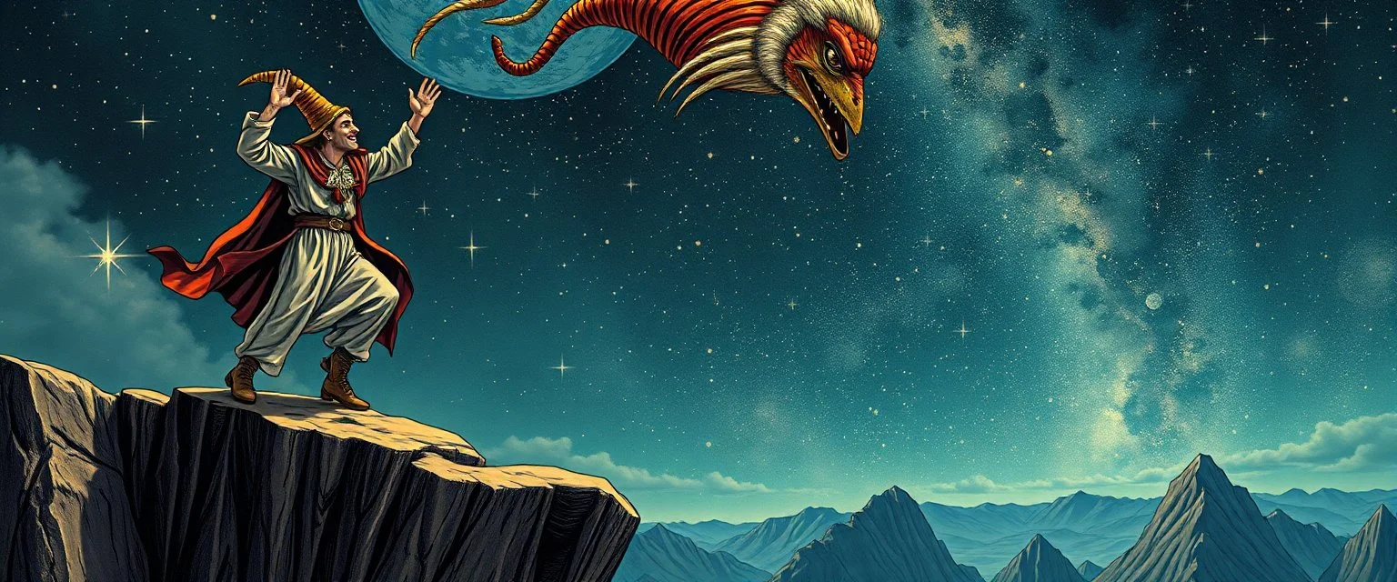 the fool from major arcana,dancing joyfully on the edge of a cliff, close up portrait of dj magic farmer pilot looking down on cam, with background in the style of escher and giger, a chill contrapunctus fugue in the style of fsol, beethoven,