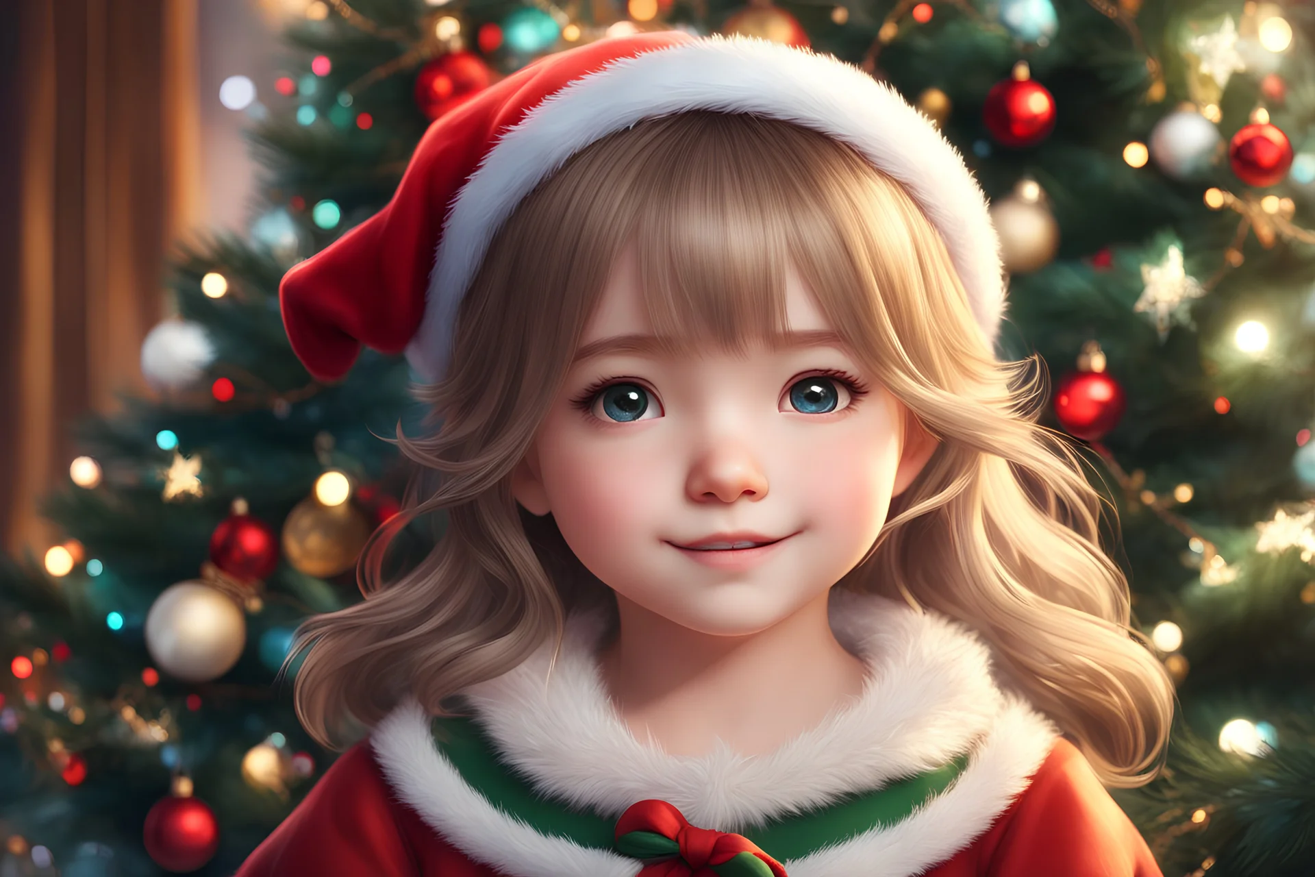 a little girl sitting in front of a christmas tree, cute young girl, christmas, close-up face, cgsociety 9, hd anime wallpaper, merry, cute artwork, adorable digital painting, innocent smile, cute detailed artwork, beautiful art uhd 4 k, cute cartoon, young and cute girl, innocent mood, little elf girl, santa, cute beautiful, young girl, by Ernest William Christmas