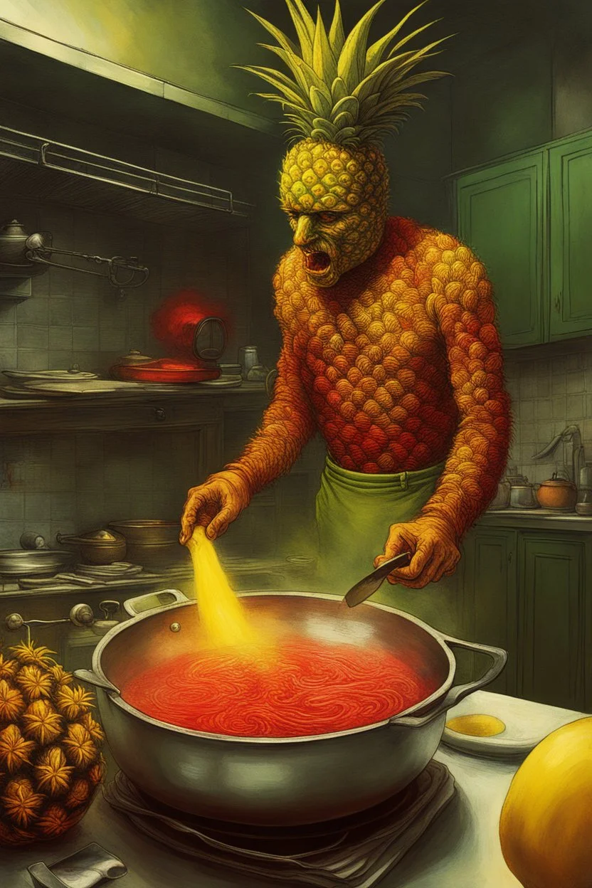 fever dream, yellow - red - green color scheme, hallucinatory color pen complex illustration, surreal lovecraftian pineapple man cooking in kitchen, dramatic volumetric lighting, splash art, concept art, noir, by Vladimir Kush assisted by Zdzislaw Beksinski, sinister, nightmarish