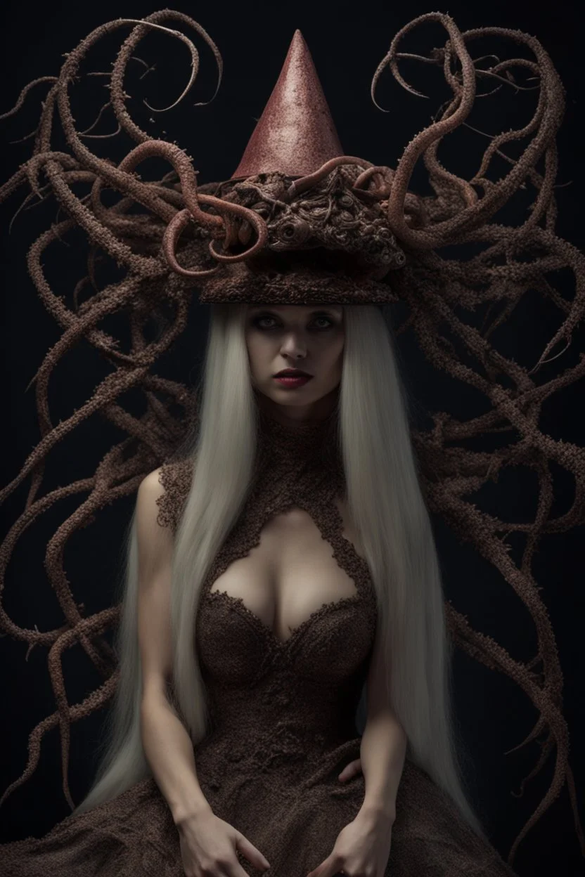 wizard hat Halloween vintage girl, Demon girl, fullbody, creepy, horrifying, sinister, many worms parasite creature connected to the head, sparks around her, sparks cybernetic, intricate, 8k, macro photography,