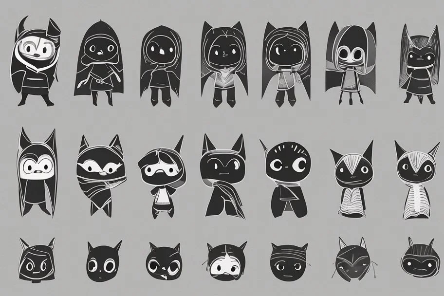 6 simple shaped hand drawn cartoon characters that are cute dark and have hoodies