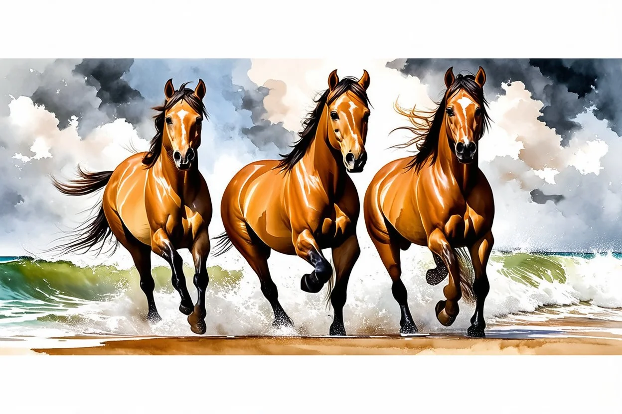 Stunning watercolor style portrait of three powerful palomino horses, galloping strong on the seashore. The waves crash behind them, the sky is filled with stormy clouds. Their manes and tails flutter in the wind and their muscles become defined as they exert their strength. Dynamic, energetic atmosphere, capturing the essence of freedom and power