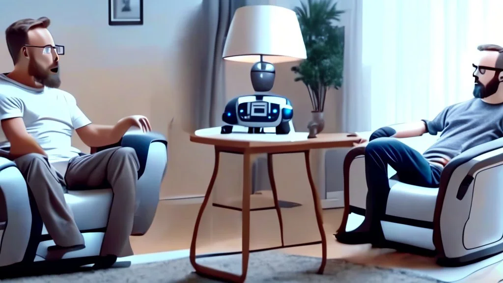 man sitting in his lazy boy chair at home argues with his AI clone who is not present