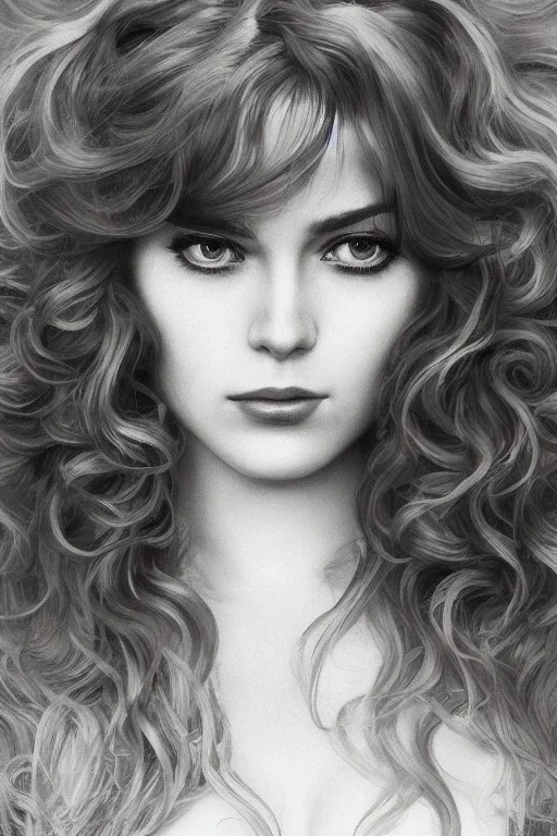 1970's porno model , cute, big droopy eyes, angelic face with minor blemishes, beautiful, long orange flowing hair, wavy hair, curly hair، black eyes, head and shoulders portrait, cinematic, misty atmosphere, 8k, resolution concept art portrait by Greg Rutkowski, Artgerm, WLOP, Alphonse Mucha dynamic lighting hyperdetailed intricately detailed, bokeh, Stunning 8k ektar film scan