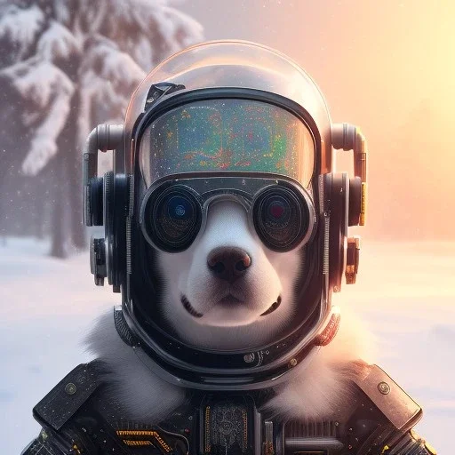 Cyberpunk Portrait of cyborg dog child with brown hair and with cute face, north pole snowy vibe , perfect composition, hyperrealistic, super detailed, 8k, high quality, trending art, trending on artstation, sharp focus, studio photo, intricate details, highly detailed, by greg rutkowski