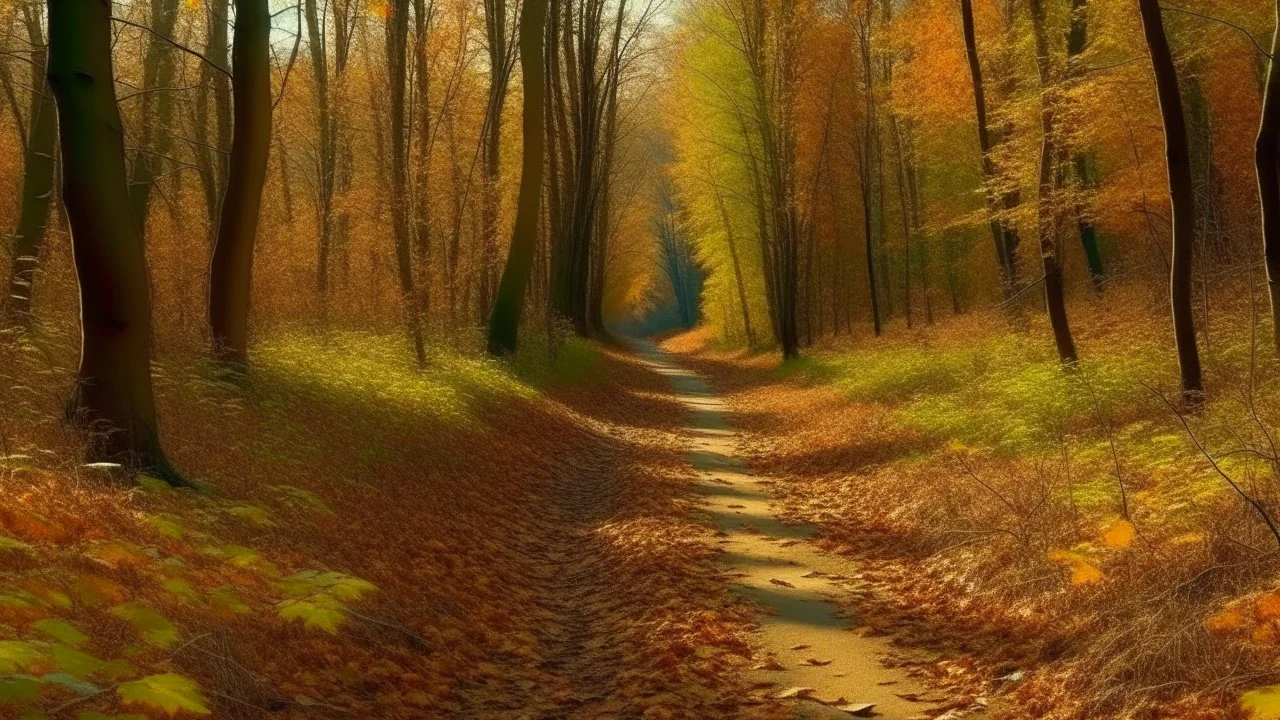 A dirt path winding through a dense, autumnal forest, the ground covered in fallen leaves and branches, the trees bare, with warm hues of orange and yellow, and in the distance, a small body of water reflecting the surrounding foliage