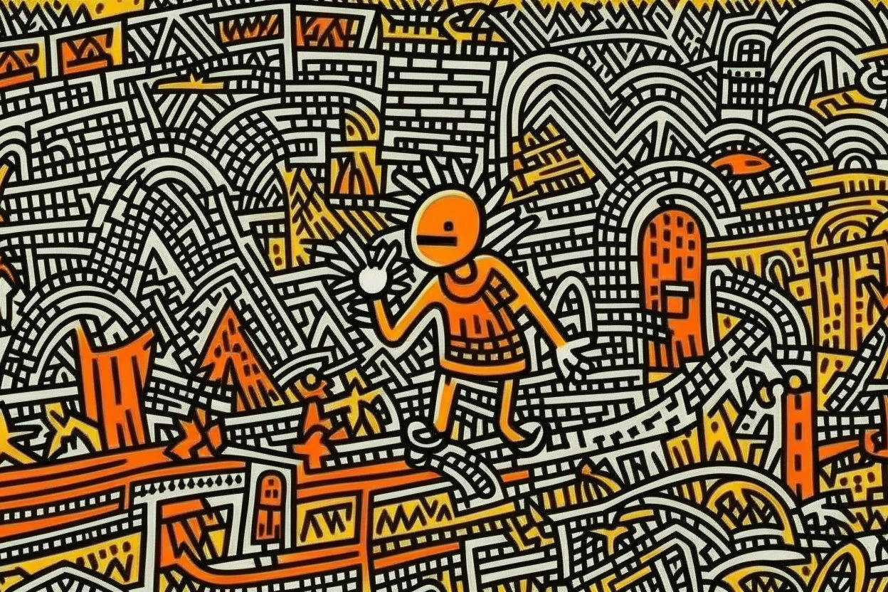 A light orange noisy city painted by Keith Haring