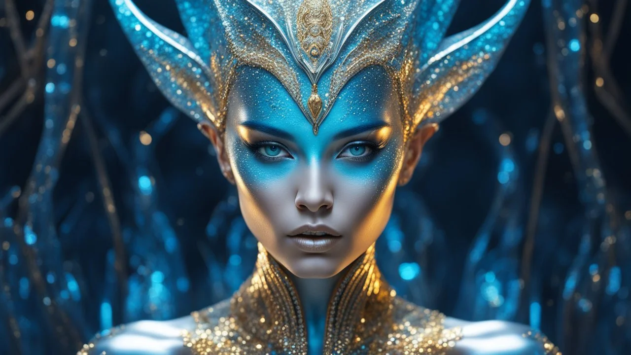 gorgeous female humanoid alien, double exposure, silver skin, slender muscular warrior, tentacles, gold, blue, copper-zinc orichalcum jewelry and piercing, beautiful face, mesmerizing starry eyes, smooth translucent skin, hourglass, glowing, highlights, size DD.