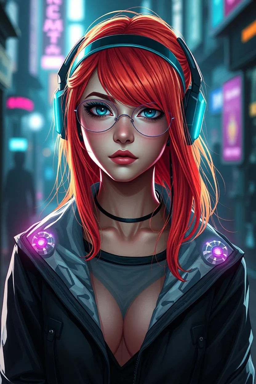 a pretty cyberpunk girl, bright hair, storyteller and dreamer, young, futuristic, dystopia