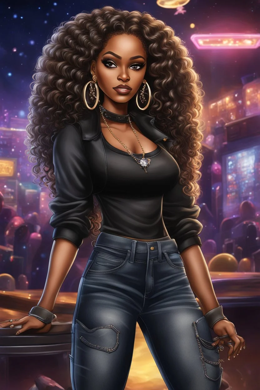 Create a digital airbrush cartoon of an African American female wearing a black jean outfit with timberland boots. Prominent make up with hazel eyes. She is wearing large diamond hoop earrings. Extremely highly detailed very long curly hair that shines. Background of a night club.