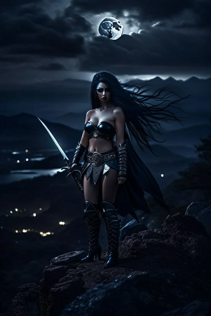 A BEAUTIFUL GIRL, BLACK LONG HAIRED, BIG BUB, NICE BODY, DRESSED A BLACK ARMOUR, WARRIOR AND AMAZON WOMAN, STAY ON TOP OF MPOUNTAIN, MOONSHINE AND FAIRY TURN AROUND HER, DARK NIGHT BACKGROUND,