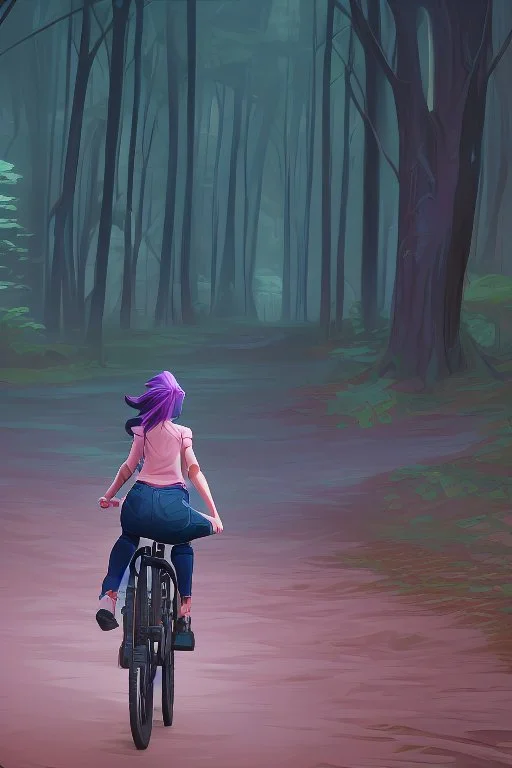 a young girl in blue jeans and a pink shirt riding a bicycle on a dirt path in the forest at midday