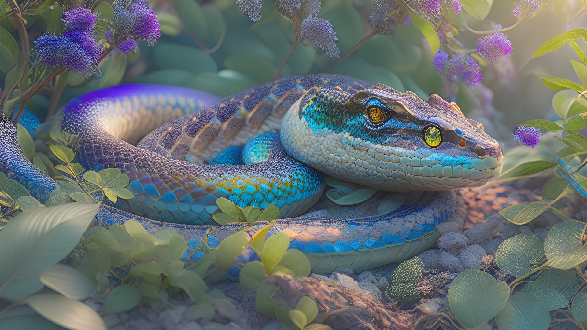 Serpent in the Garden of Eden, hyper-realistic, HD 8K, sharp detail, iridescent scales