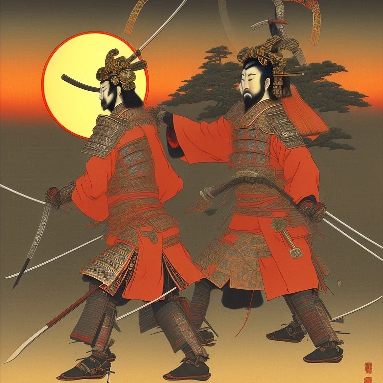 human Samurai Japanese Ukiyo-e, sun in the background, walking in the mountains