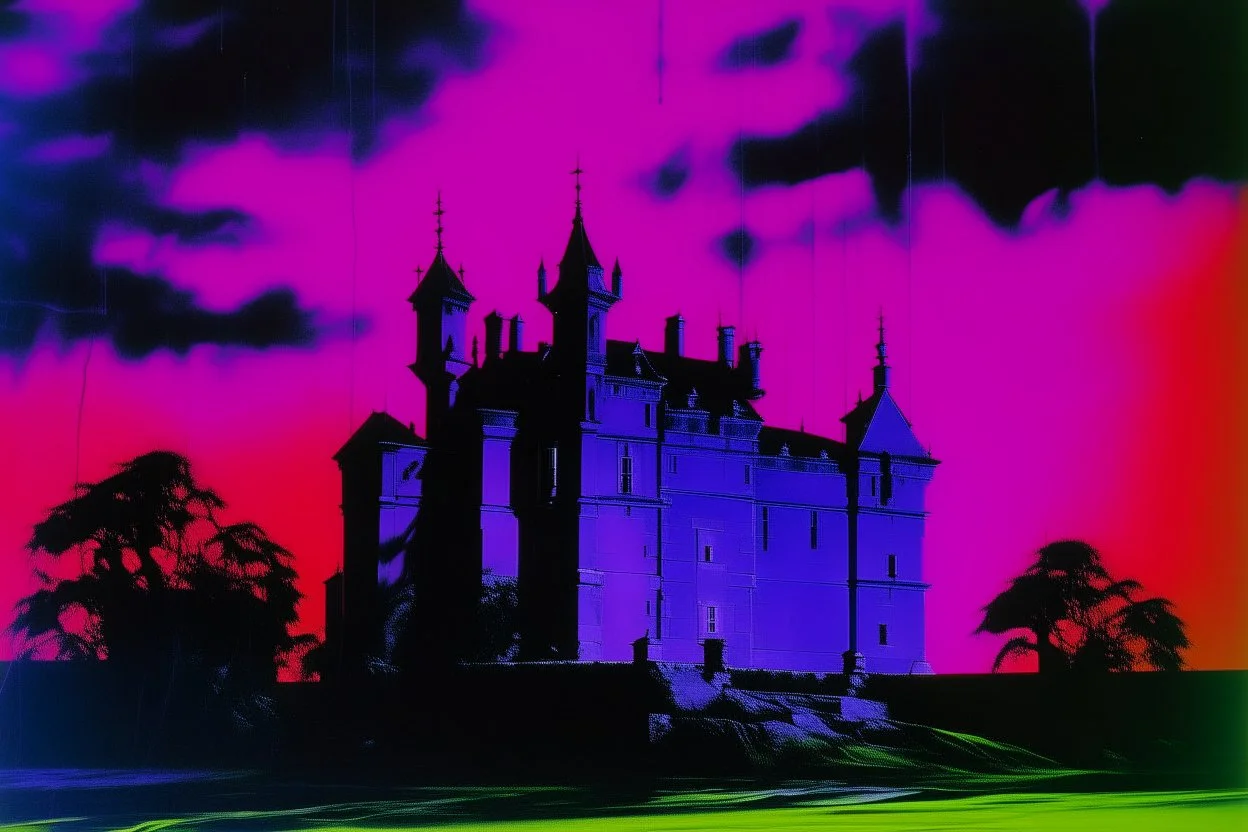 A purple castle in a thunderstorm painted by Andy Warhol