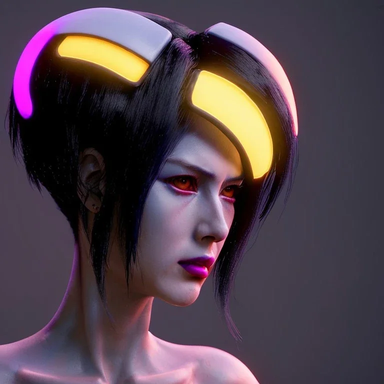 Ghost in the shell style, pretty cyber woman, futuristic, rounded face, blood, black, gold, brown, geisha style, decorative color feathers, simétrico, circuits, neon style, a lot of led lights, fog, rain, vibrant color, highly detailed, art stations, concept art, smooth, unreal engine 5, god rays, ray tracing, RTX, lumen lighting, ultra detail, volumetric lighting, 3d, finely drawn, high definition, high resolution.