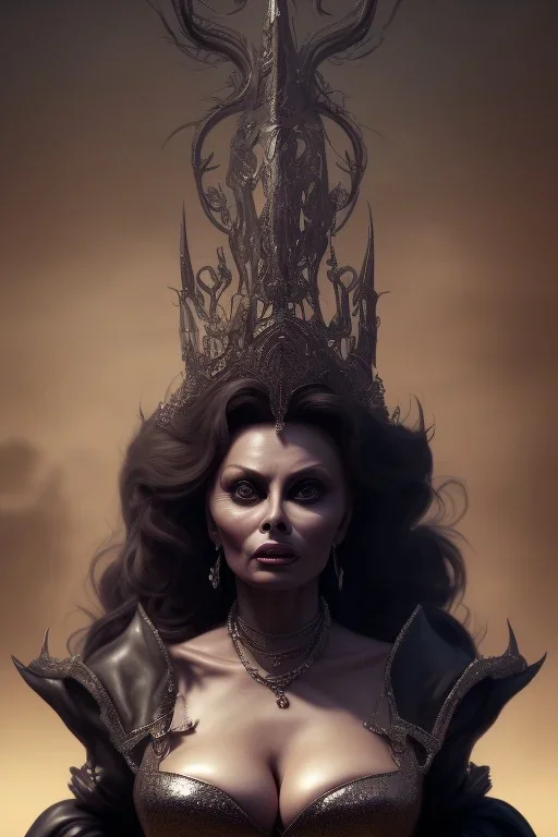 Sophia Loren as evil queen in black leather, cleavage, angry, stern look. character design by cory loftis, fenghua zhong, ryohei hase, ismail inceoglu and ruan jia. unreal engine 5, artistic lighting, highly detailed, photorealistic, fantasy