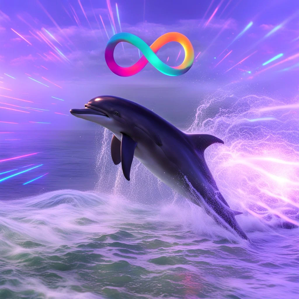 infinity symbol ∞ with vibrant powerful dolphin jumping out of the sea, striking, neon, chiaroscuro, dramatic, captivating, powerful, fantasy, beautiful, octane render, 16k post-production, artstation: award-winning: atmospheric: commanding: fantastical: clarity: ultra quality: striking: brilliance: stunning colors: amazing depth; lens: f/11, 35mm