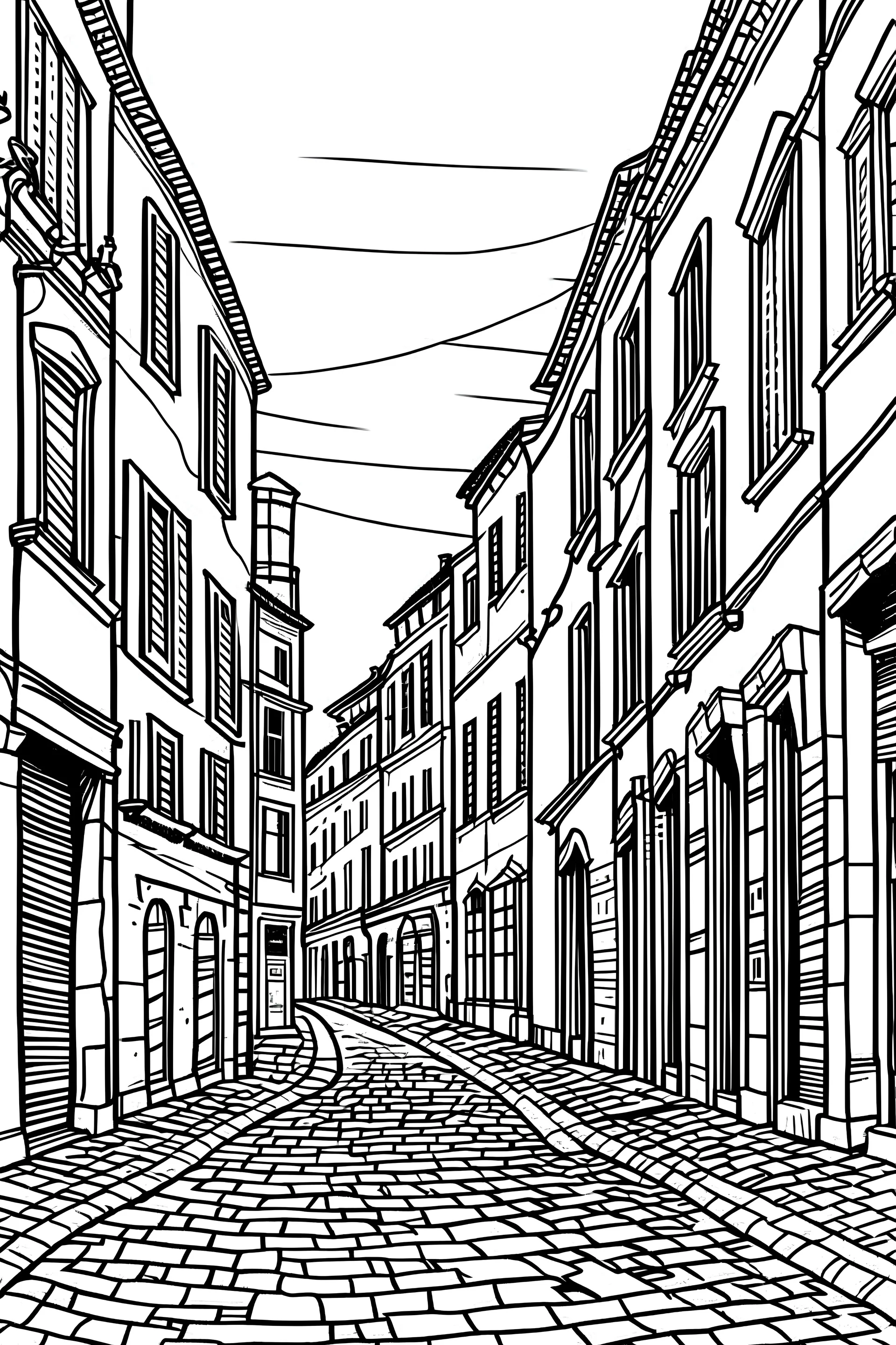 An image of a black and white line art vector illustration, depicting an old dowtown street in italy. The illustration should have clean lines and an overall minimalistic feel.