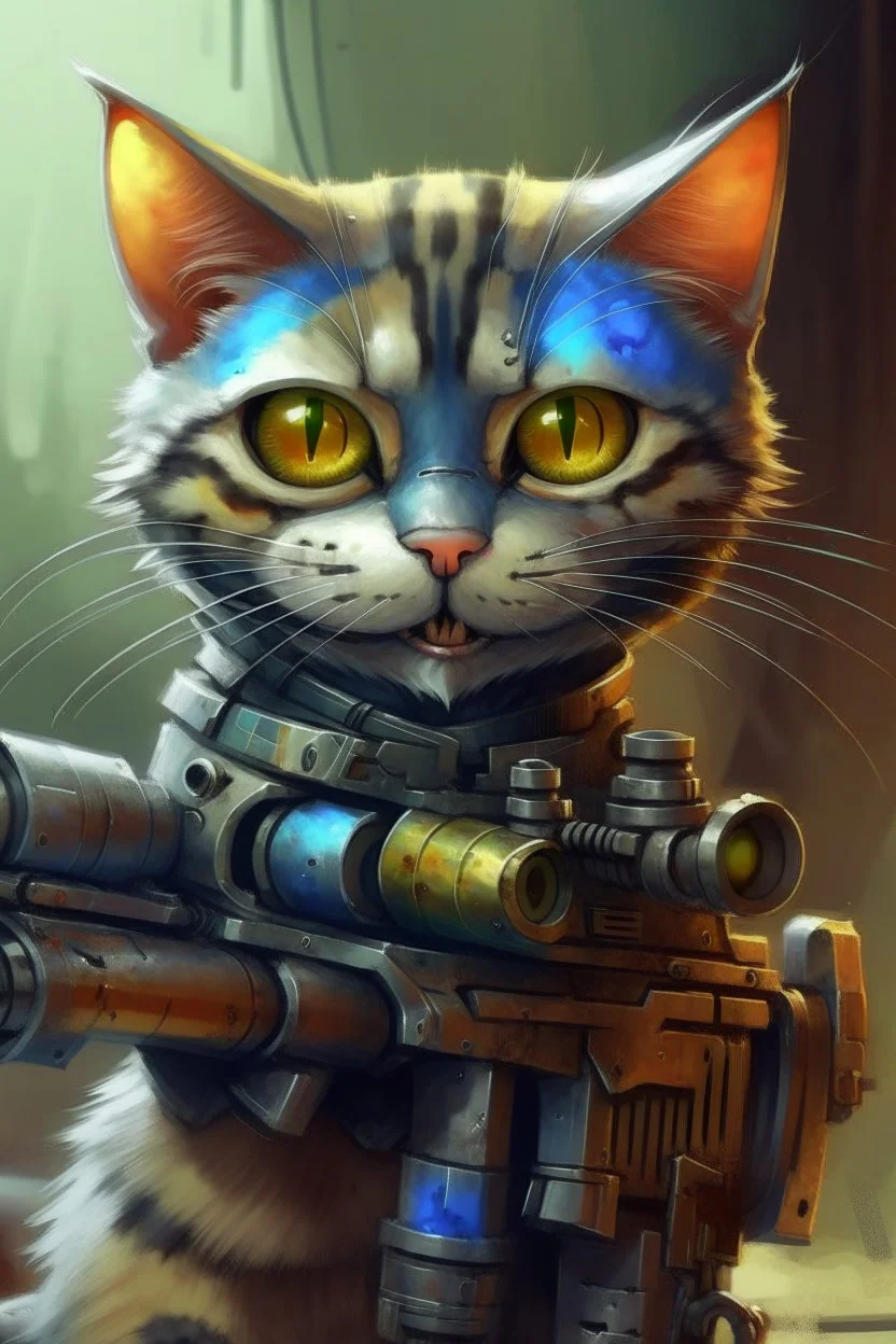 oil painting portrait of smiling robot cat with sniper gun, bokeh , high detail, smooth render, prize winning