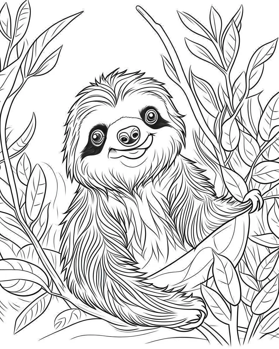 create a 2d black outline, "safari smiling cartoon sloth on a branch coloring book for kids", coloring page, low details design, black contour, coloring page design, simple background, colorful , card style, coloring page for kids, white background, sketch style, safari landscape, cartoon style