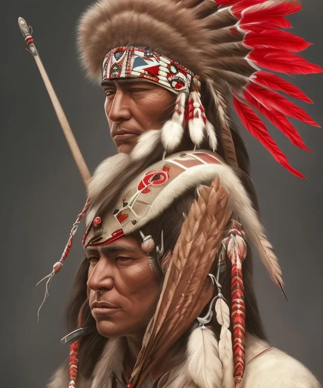  native american face, Muscular warrior, three red feathers headband, holding spear