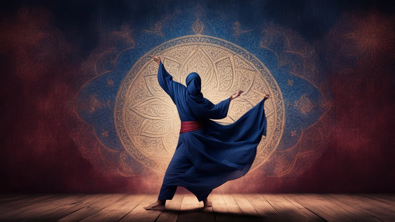 Hyper Realistic Mystical Sufi Dance with navy-blue cloth on maroon dark grungy rustic background at night & Glowing-Islamic-Pattern.