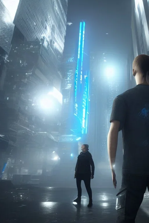 detroit become human, two people looking at each other , sci-fi fantasy style, volumetric lighting, particales,highly detailed,cinamatic, deep colours,8k.