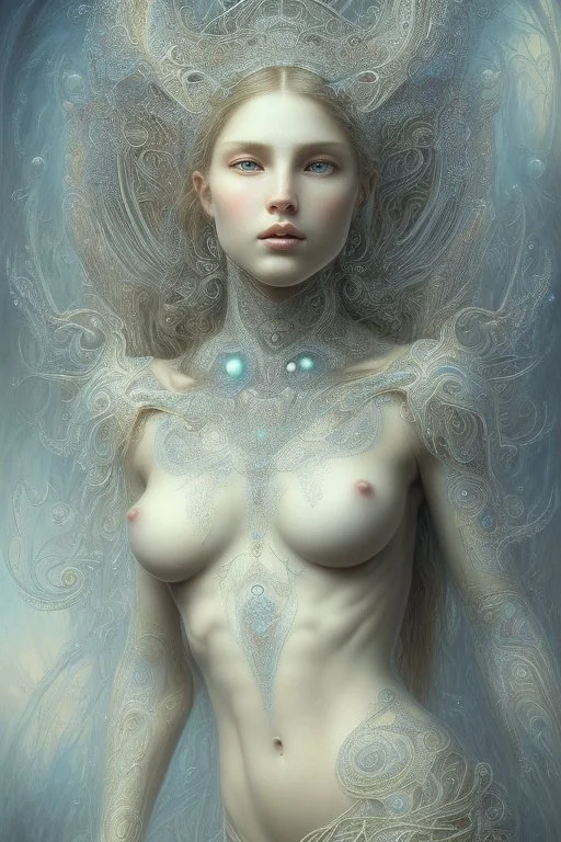 photorealistic a beautiful girl RICHLY ADORNED WITH LACE completely made with transparent drops of water reflecting a blue light, ULTRA detailed; CORRECT anatomy, FACE and eyes, STYLE by JEAN BAPTISTE MONGE, H.R. Giger, MICHELANGELO, Gustave Dore, LEONARDO DA VINCI, CARAVAGGIO, GOYA, insanely detailed and intricate, hypermaximalistic, HIGH DEFINITION AND DETAILED