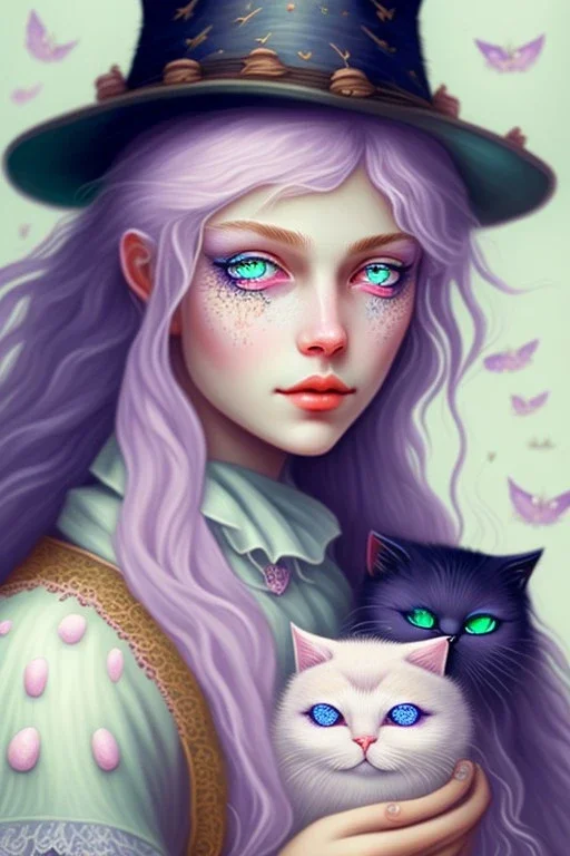 Cute friendly witch, playing with cute cats, perfect eyes, perfect iris, pastel colour, chalk, style Elisabeth Kreitz