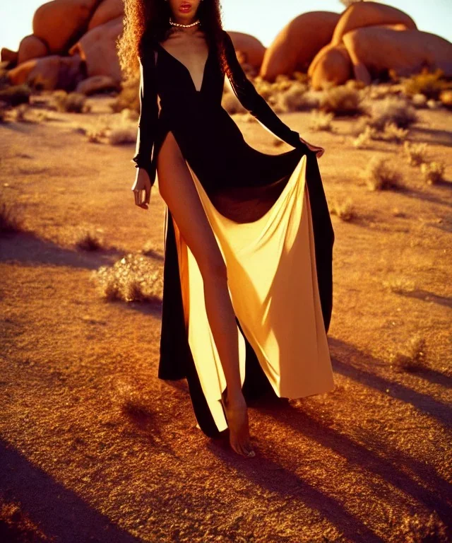 Isane pretty young woman "Top Model" in a stunning maximalist short semi transparent dark dress, vogue, 8k, ektar, joshua tree, fashion. golden hour cinematic, rebecca guay, frank frazetta.