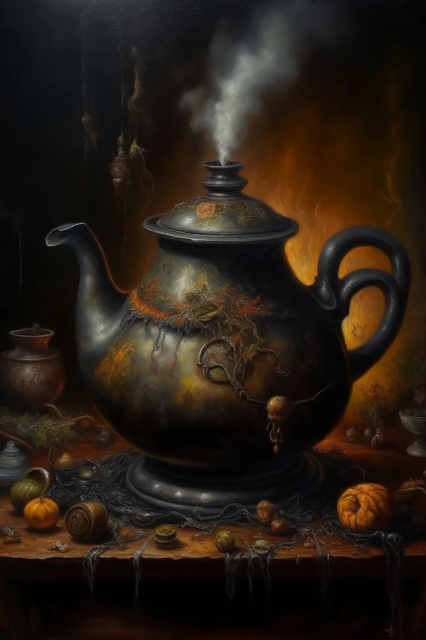 Living witches kettle, prize winning oil painting