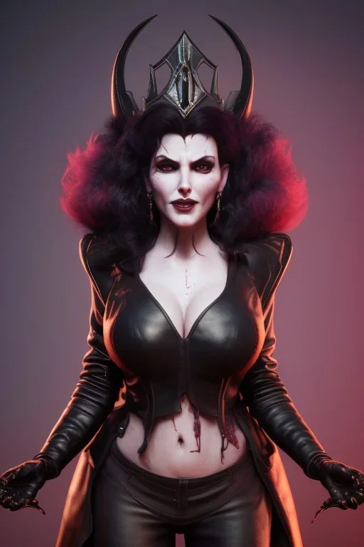 Amy Dumas as evil queen in black leather, leather, busty, cleavage, angry, rage, stern look. character design by cory loftis, fenghua zhong, ryohei hase, ismail inceoglu and ruan jia. unreal engine 5, artistic lighting, highly detailed, photorealistic, fantasy