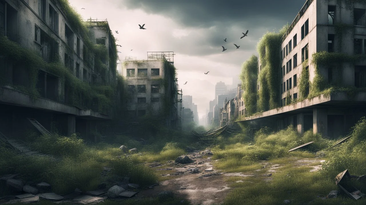 post-apocalyptic urban landscape with overgrown nature