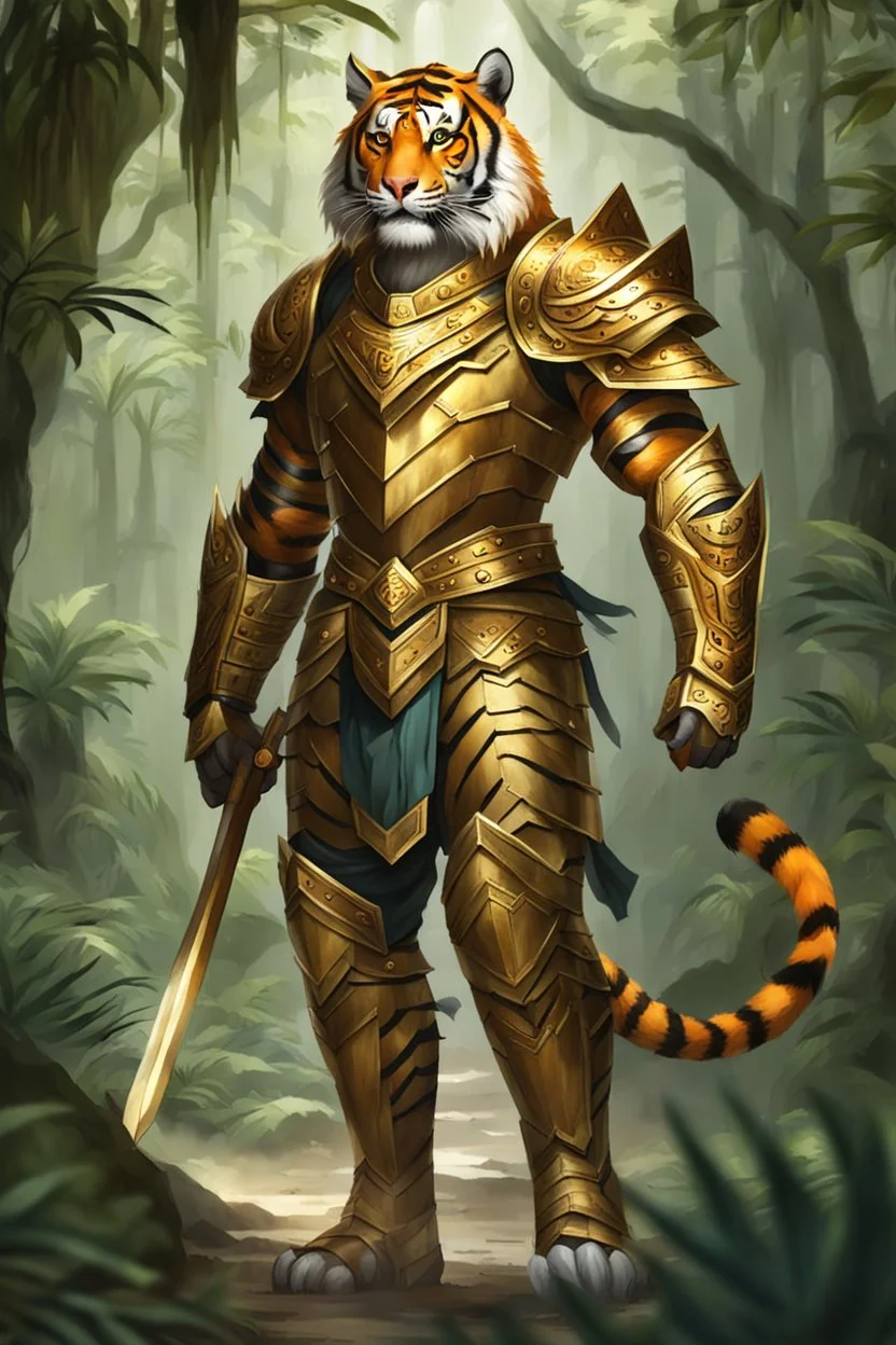 Full body excellent realistic portrait humanoid of tiger with golden armor,walking at jungle