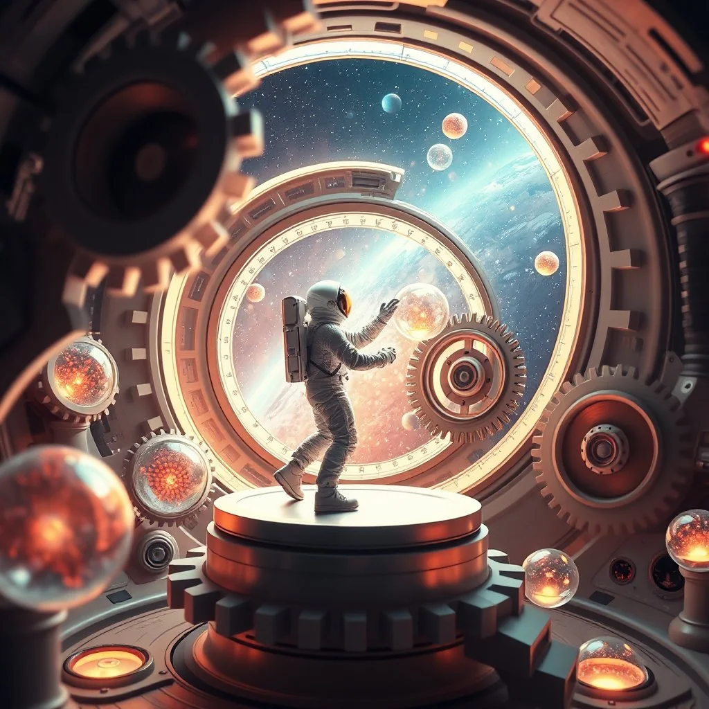 cifi recursive structures ,gears ,torus, crystal spheres in a galaxsy background,a Astronaut couple dancing in space station cabinet
