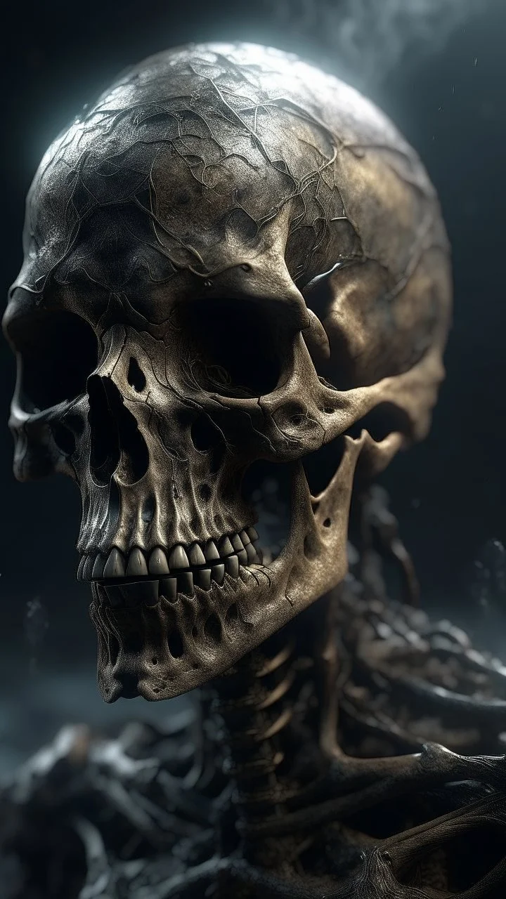 A creature with skull covered with thick layer of corrosion in the dark of a nightmare , hyper photorealistic, hyper detailed dark art color, high resolution, fog, octane render, tilt shift, HDRI Environment, all pictures dark gray