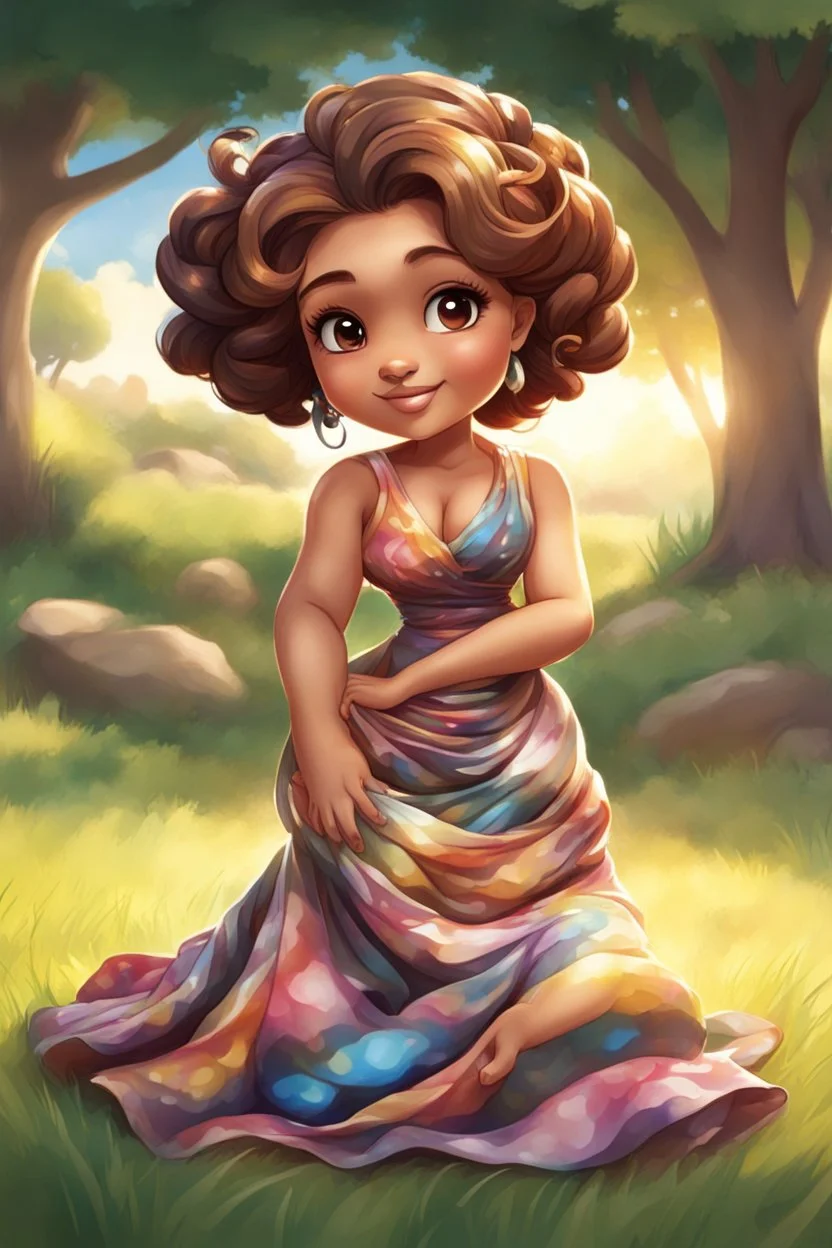 An airbrushed chibi black cartoon of a curvaceous woman with flowing brown hair twisted up, wearing a colorful maxi dress. She sits relaxed on the grass facing the warm sunlight, which illuminates her face as she looks to the side with a small smile, accentuating her prominent makeup and brown eyes.