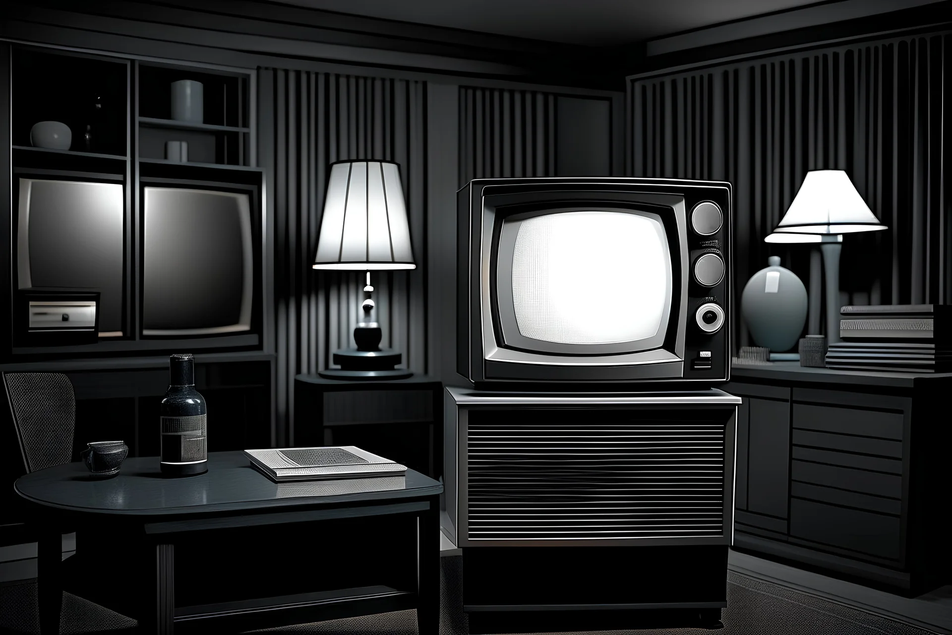 series premiere episode #1. premise: the tv's can perceive all silent thought as it occurs. privacy is a myth.1950's runaway hit network primetime wifi scifi dystopian horror mystery tv series. a screen in every room. hidden in plain sight. photo real. studio lighting