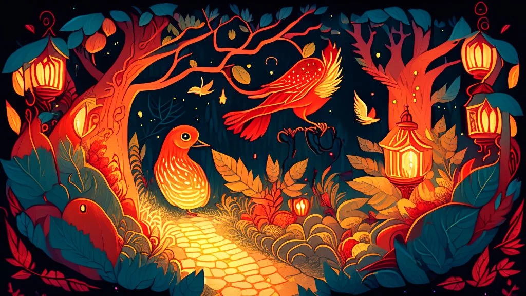 Slavic mythology fantasy illustration for bedtime story: enchanting garden with lush greenery and a beautiful stone winding path, with small tiny lanterns in the trees. Depict only one creature the Firebird. The feathers of the Firebird are vibrant red, orange, and gold, each one glowing with an otherworldly brilliance.