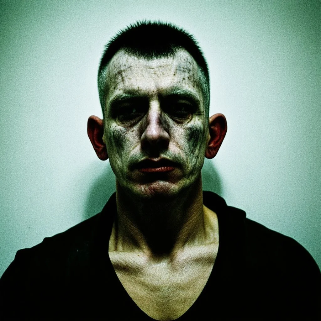 Grainy photo, grunge, 2000s Russia, punk, criminal, rough, confident, older male, extremely pale skin, portrait, dark night