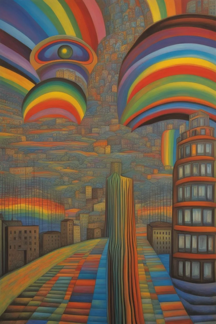 each human has a unique color frequency in the rainbow spectrum that needs to surrender to the white light beam to exit from the prism; neo-surrealism; Hundertwasser