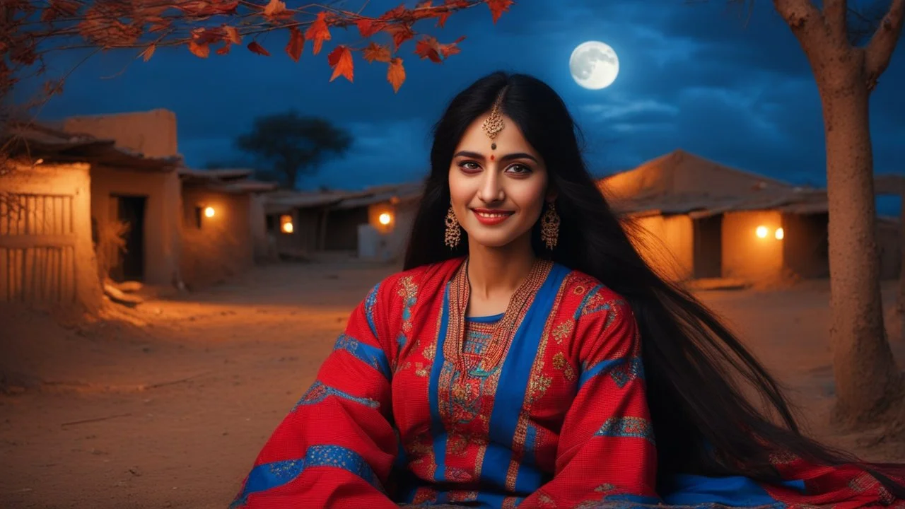 The image should depict a serene evening scene of a traditional Pakistani village at beautiful dark night with full cloudy moon behind her, featuring a (closeup face view of a) young happy woman (with long black hair) adorned in a vibrant red and blue checkered dress with golden embroidery, surrounded by rustic houses, thick trees with she is sitting by the tree on orange dry leaves falling and breathtaking mountain landscapes along with lots of dry orange leaves fallen on the ground, bathed in