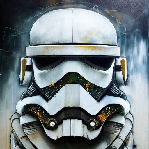 photorealistic riot trooper helmet with weathered painting , illustration on coarse canvas by <agnes cecile> and <Yoji Shinkawa>, ornate and intricate details , soft smooth lighting, ultra detailed concept art,