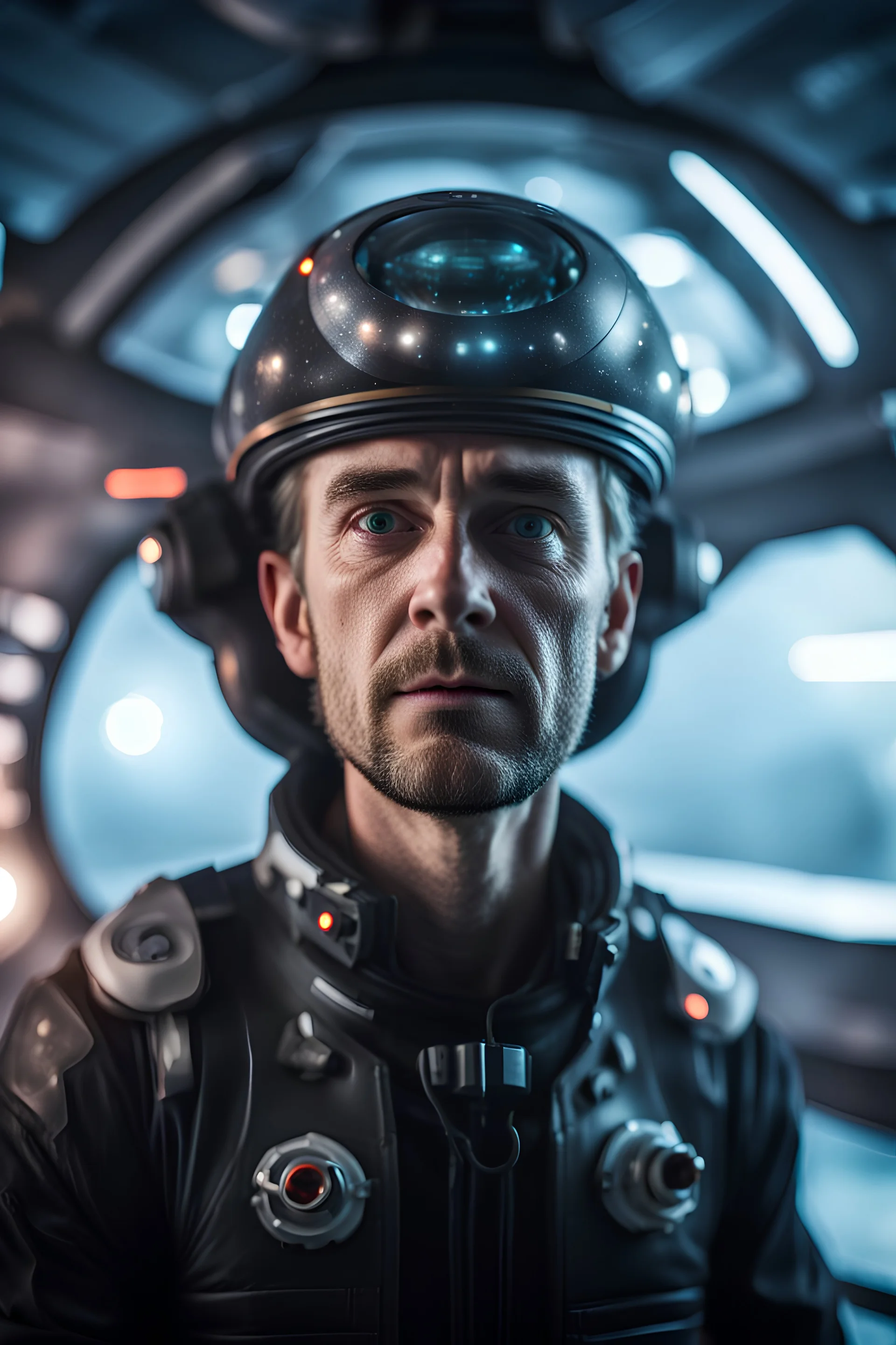 portrait of really scared captain on a misty catamaran dome modular house sub that looks like a dark twisted alien space ship with spotlights, in advanced hi tech dock, bokeh like f/0.8, tilt-shift lens 8k, high detail, smooth render, down-light, unreal engine, prize winning