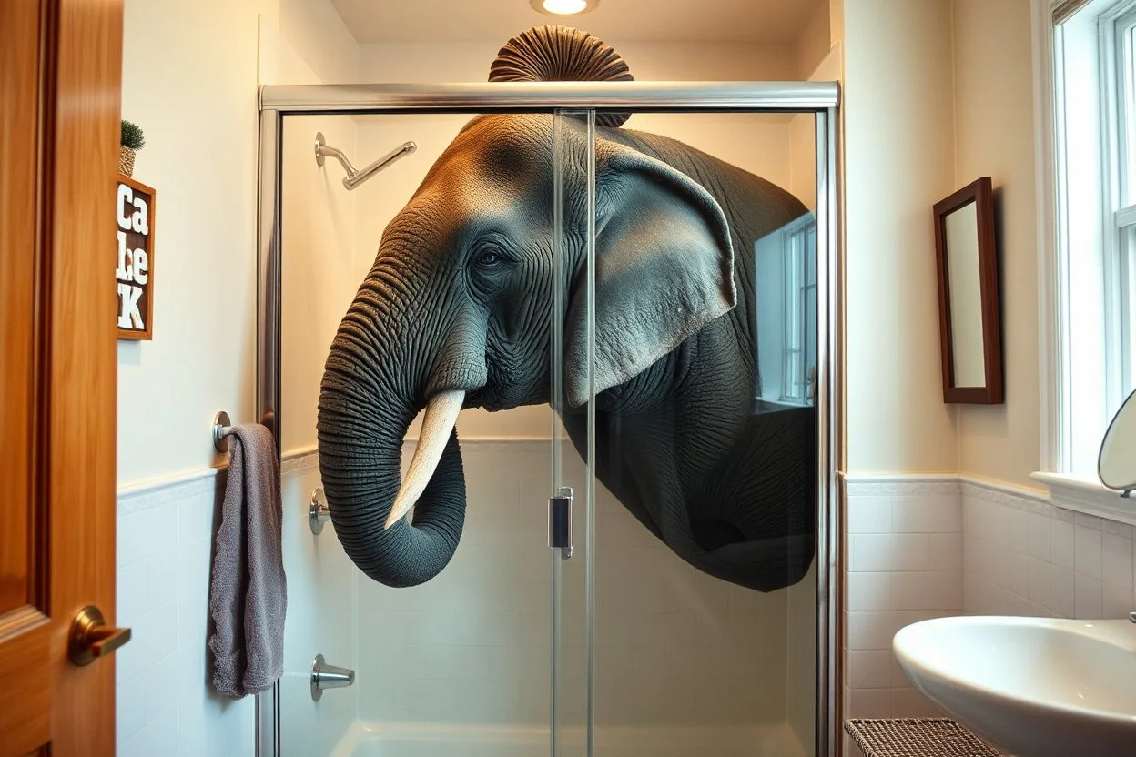 surreal photograph of a massive elephant uncomfortably contorted in a small stand-up shower in a suburban bathroom, elephant is too big and has to hunch over his head touching the ceiling and his bulk pushed up uncomfortably against the shower glass door