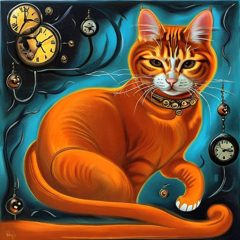 Orange longhairs cat with a clock, surrealism in the style of Salvador Dali